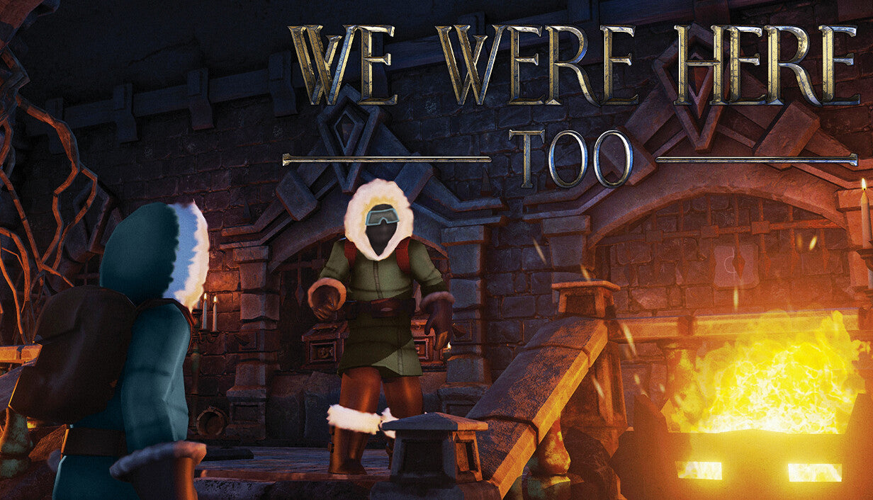 Official cover art for the co-op puzzle game We Were Here Too featuring two figures in a snowy mountain landscape.