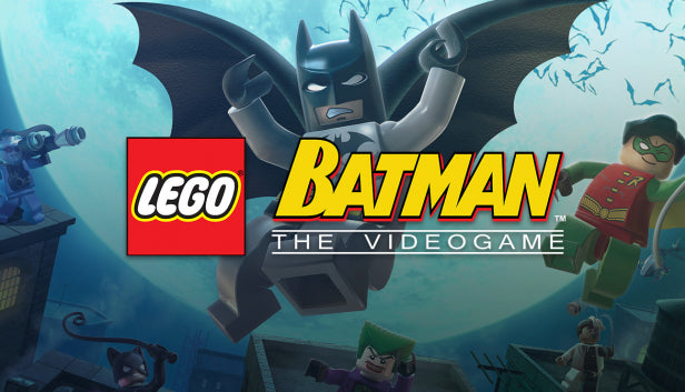 Official cover art for LEGO Batman: The Videogame featuring Batman and Robin in a LEGO-themed Gotham City.
