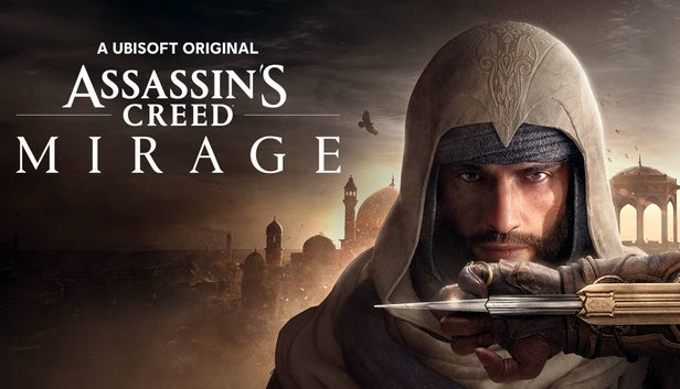 Official cover art for Assassin's Creed Mirage featuring a hooded assassin over a Middle Eastern city backdrop.