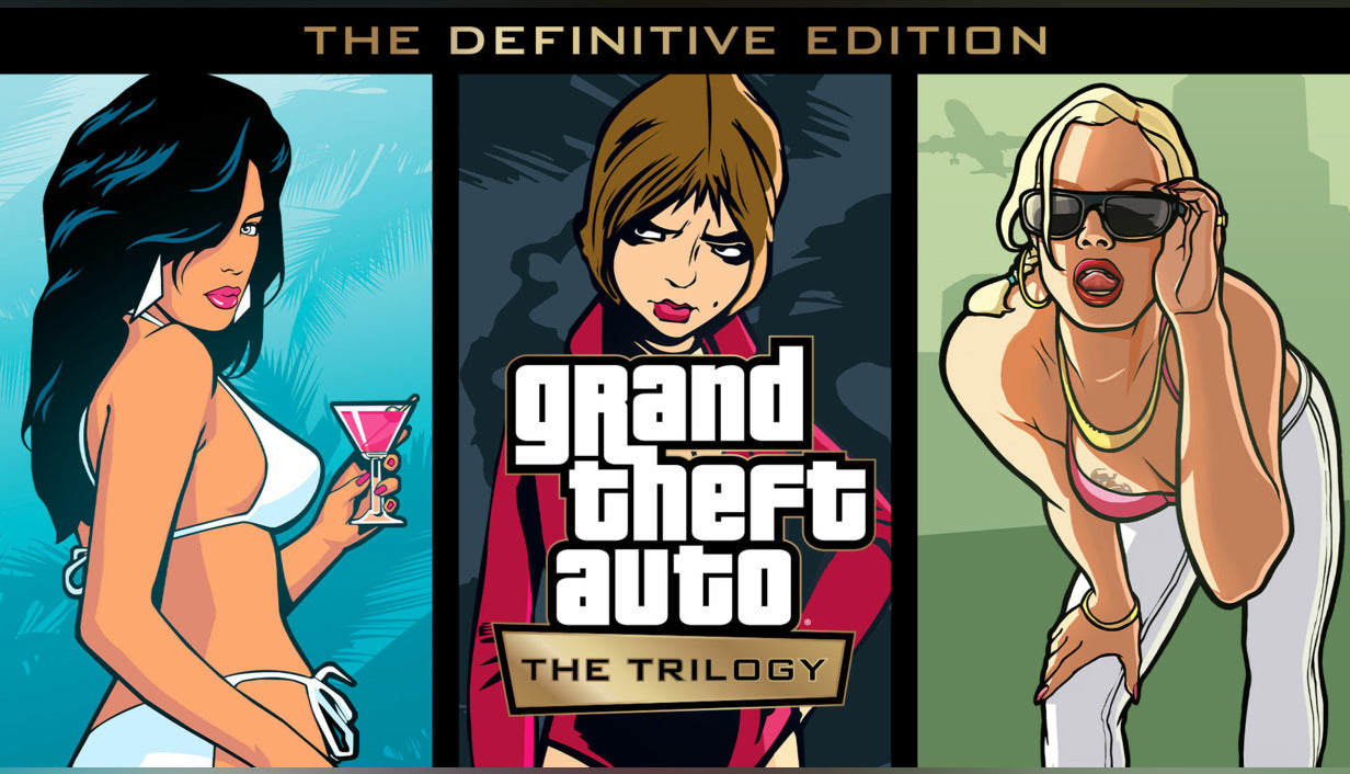 Cover art for Grand Theft Auto: The Trilogy - The Definitive Edition, displaying a split-panel design featuring iconic female characters from Vice City, GTA III, and San Andreas.