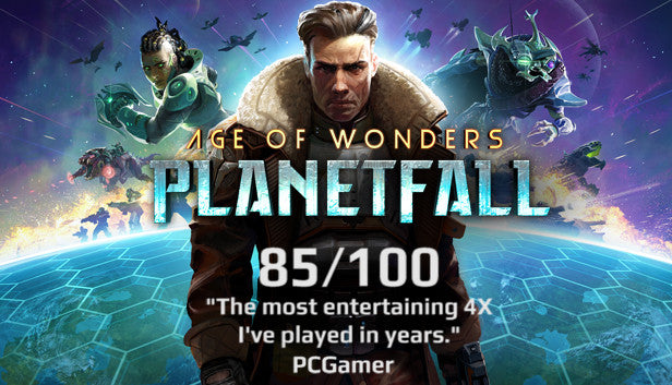 Cover art for Age of Wonders: Planetfall featuring futuristic soldiers and sci-fi landscapes.