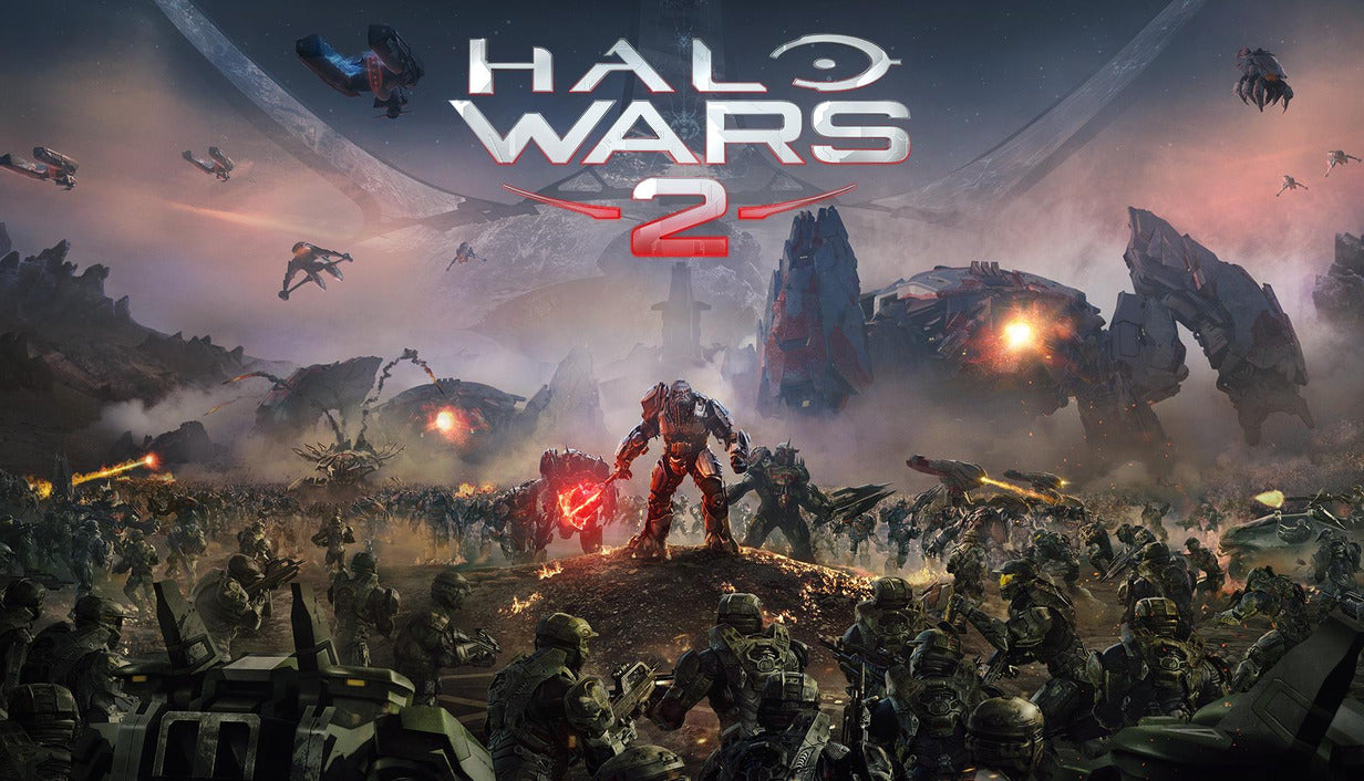 Official cover art for the strategy game Halo Wars 2 featuring armored Spartans and a large extraterrestrial commander.