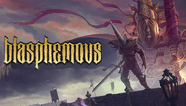 Official cover art for the action-adventure game Blasphemous, featuring dark, pixelated gothic imagery.