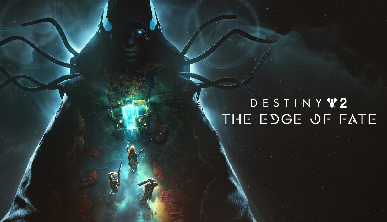 Dark cosmic cover art for Destiny 2: The Edge of Fate displaying three distant Guardians walking toward a massive, glowing green entity with flowing tentacles.