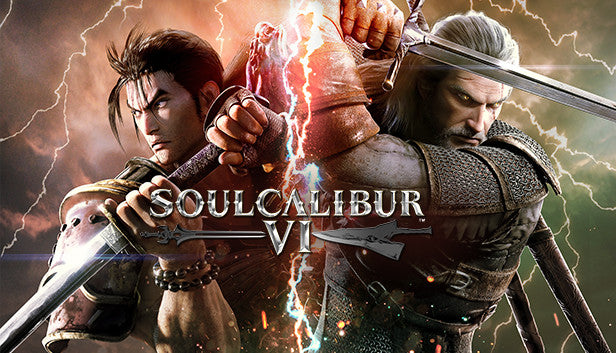 Official cover art for the fighting game SOULCALIBUR VI featuring Mitsurugi and Geralt of Rivia clashing swords.