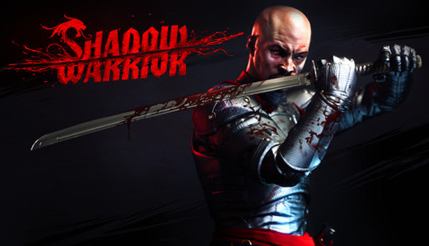 Cover art for Shadow Warrior showing Lo Wang wearing armor and wielding a bloody katana.