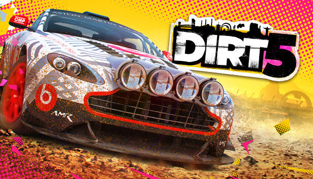 Official cover art for the off-road arcade racing game DIRT 5 featuring multi-colored muddy trucks and rally cars.