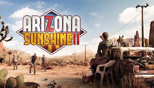 Official cover art for the VR survival horror game Arizona Sunshine 2 featuring a survivor and a dog in a post-apocalyptic setting.