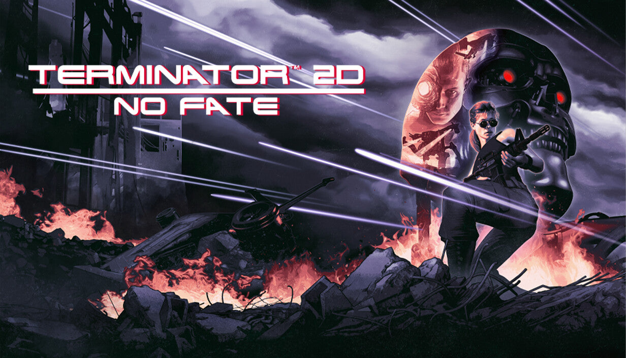 Cover art for Terminator 2D: NO FATE, an action arcade platformer PC game available as a Steam key.