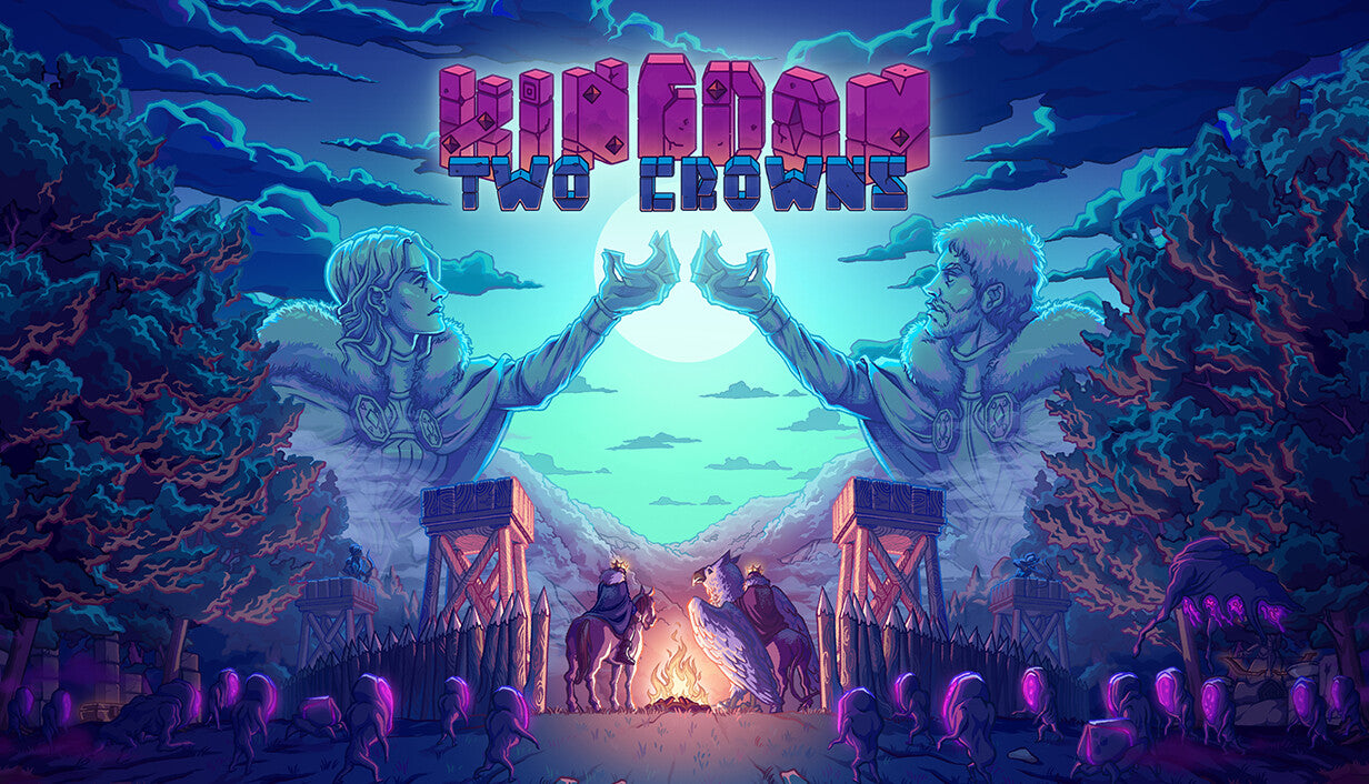 Cover art for the game Kingdom Two Crowns featuring a split, symmetrical illustration under a glowing full moon. Two giant ghostly monarchs face each other with hands raised, hovering above two small pixel-art rulers—one on a horse and one on a griffin—camped by a bonfire. In the foreground, glowing purple monstrous creatures emerge from dark forests on both sides.