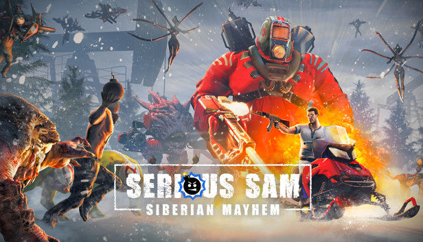 Action-packed cover art for Serious Sam: Siberian Mayhem showing Sam on a red snowmobile firing a rifle, backed by a massive armored enemy in a red hazmat suit amidst a chaotic snowy battle.