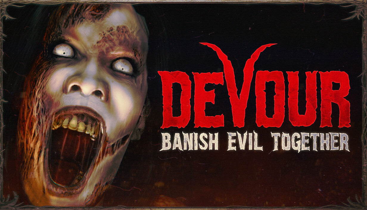 Official cover art for the survival horror game DEVOUR featuring a demonic figure in a dark, supernatural setting.