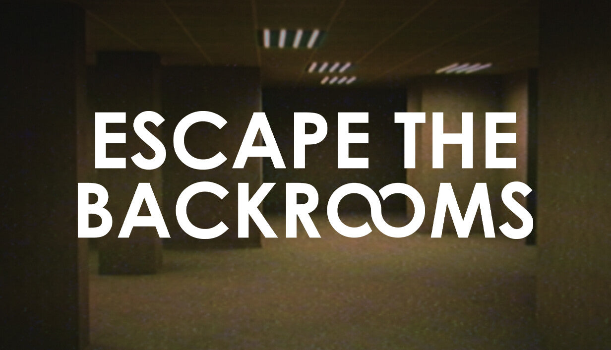 Official cover art for the horror game Escape the Backrooms featuring a yellow-walled, fluorescent-lit corridor.