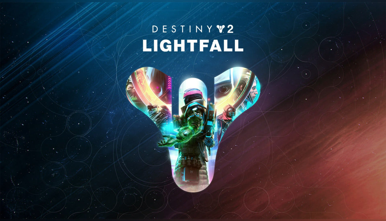Bright multi-colored cover art for Destiny 2: Lightfall featuring the central Guardian emblem filled with a collage of futuristic characters looking out over a neon horizon.