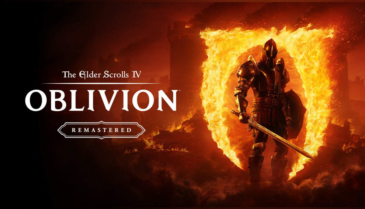Official cover art for The Elder Scrolls IV: Oblivion Remastered featuring a golden gates of Oblivion symbol on a textured background.