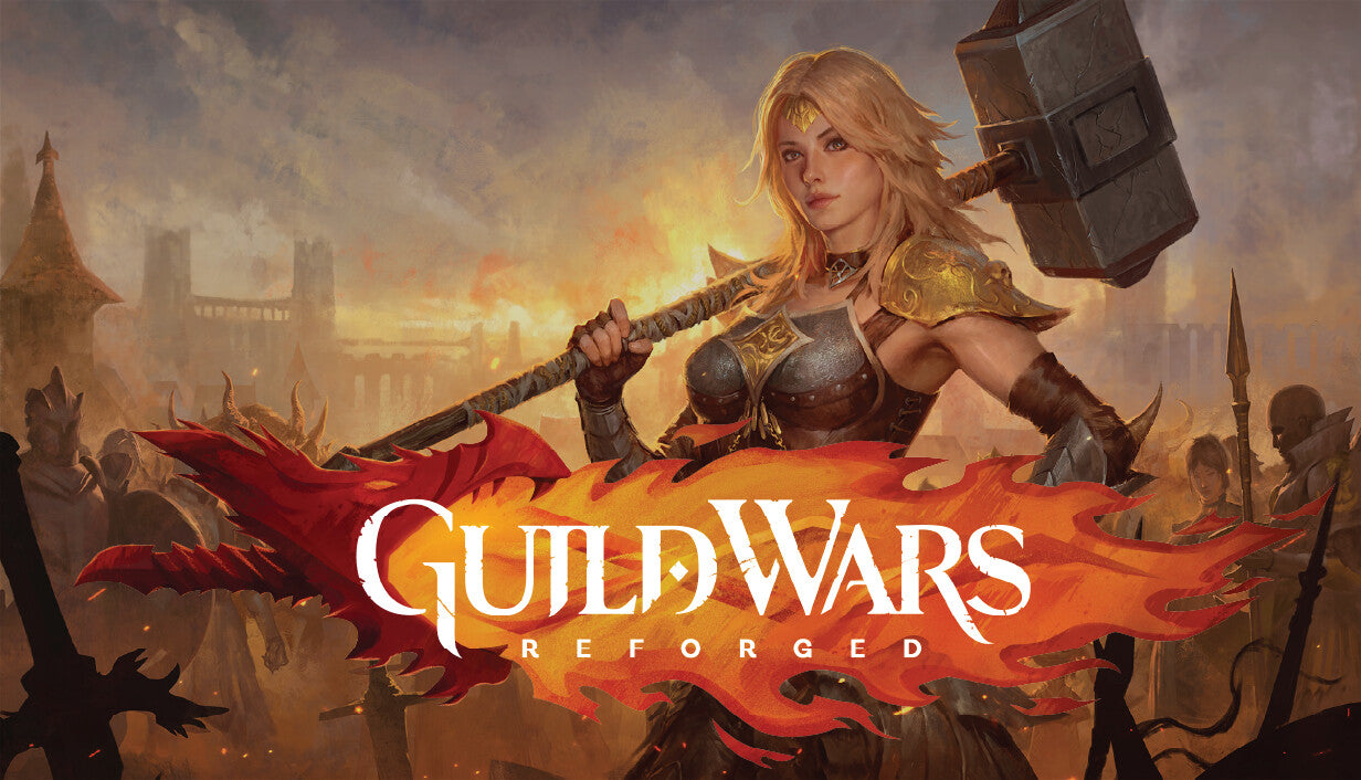 Epic fantasy cover art for Guild Wars Reforged featuring a blonde female warrior in armor carrying a massive stone hammer on her shoulder, standing above a fiery logo.