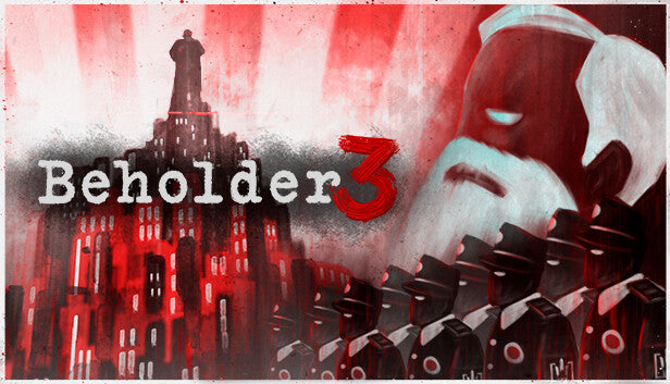 Cover art for Beholder 3 depicting uniform guards and an ominous overseer face in a red and black dystopian setting.