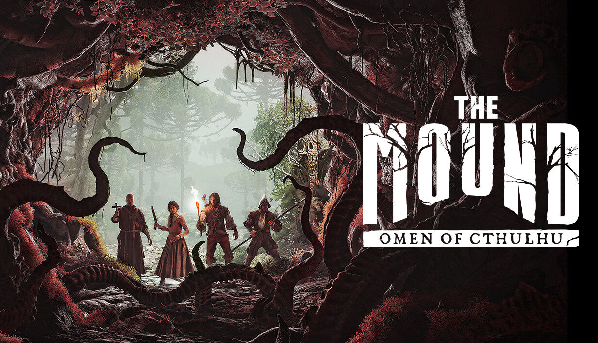 Cover art for the Lovecraftian horror game The Mound: Omen of Cthulhu featuring a dark and atmospheric jungle.