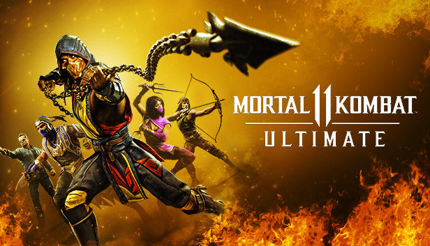 Cover art for Mortal Kombat 11 Ultimate featuring Scorpion against a vibrant yellow background.