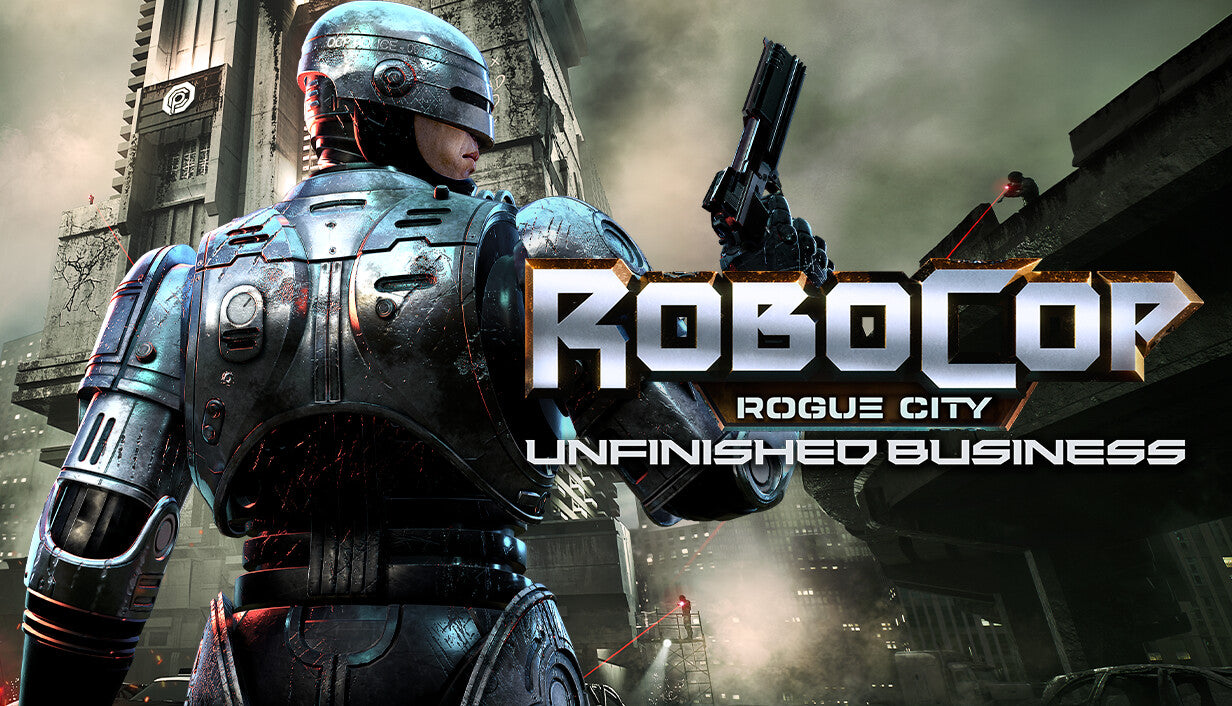 Official cover art for the action-adventure game RoboCop: Rogue City - Unfinished Business featuring RoboCop.