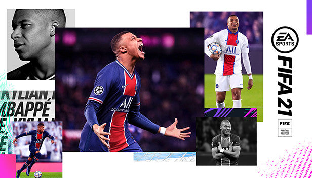 Official cover art for EA SPORTS FIFA 21 PC EA App game key featuring soccer star action shots and vibrant sports imagery.