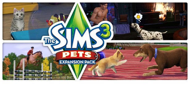 Official cover art for The Sims 3 Pets expansion pack featuring a variety of dogs, cats, and a horse.