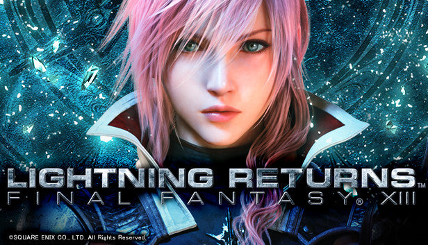 Cover art for Lightning Returns: Final Fantasy XIII, featuring a highly detailed close-up portrait of the pink-haired protagonist Lightning against a sparkling teal background.