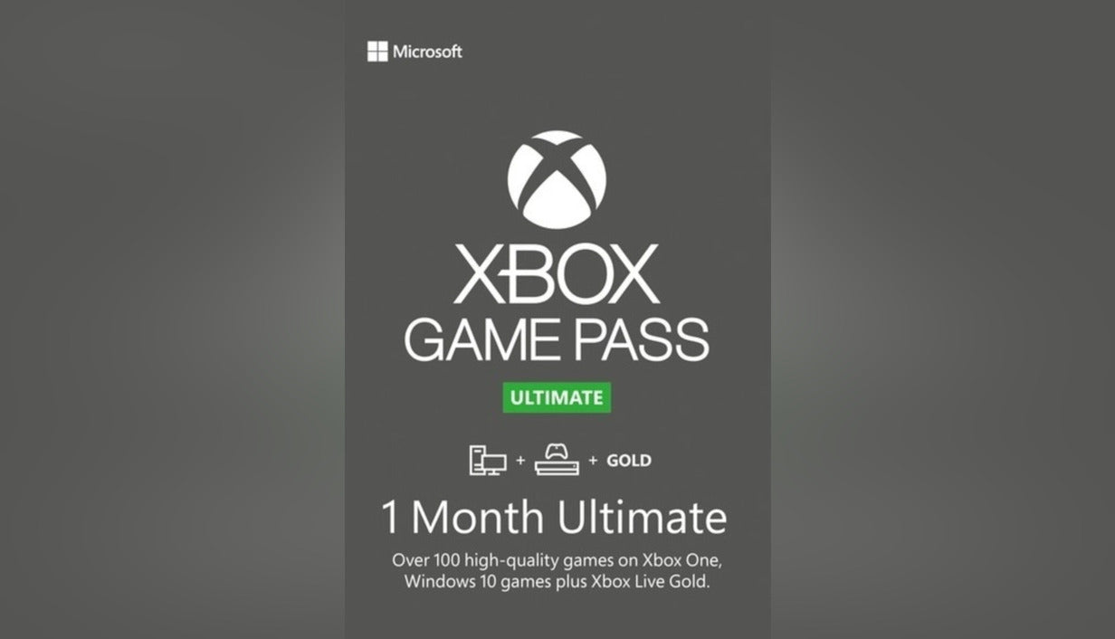 Cover art for XBOX Game Pass Ultimate 1 Month subscription featuring the white XBOX logo on a grey background.