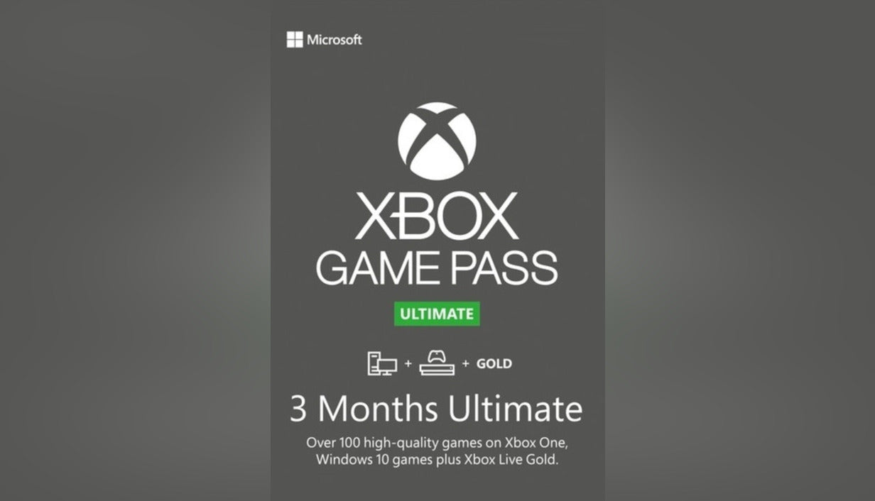 Cover art for XBOX Game Pass Ultimate 3 Months subscription featuring the white XBOX logo on a grey background.