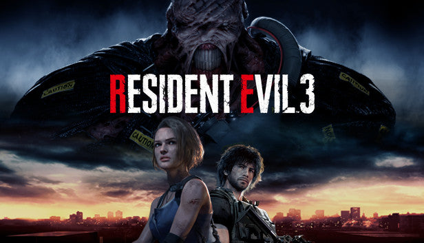 Official cover art for the remake of Resident Evil 3 featuring Jill Valentine and Carlos Oliveira against a fiery backdrop.
