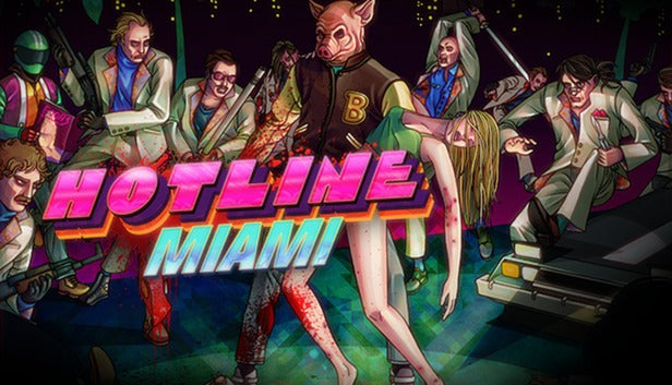 Official cover art for the top-down shooter Hotline Miami featuring neon pixel art and a 1980s aesthetic.