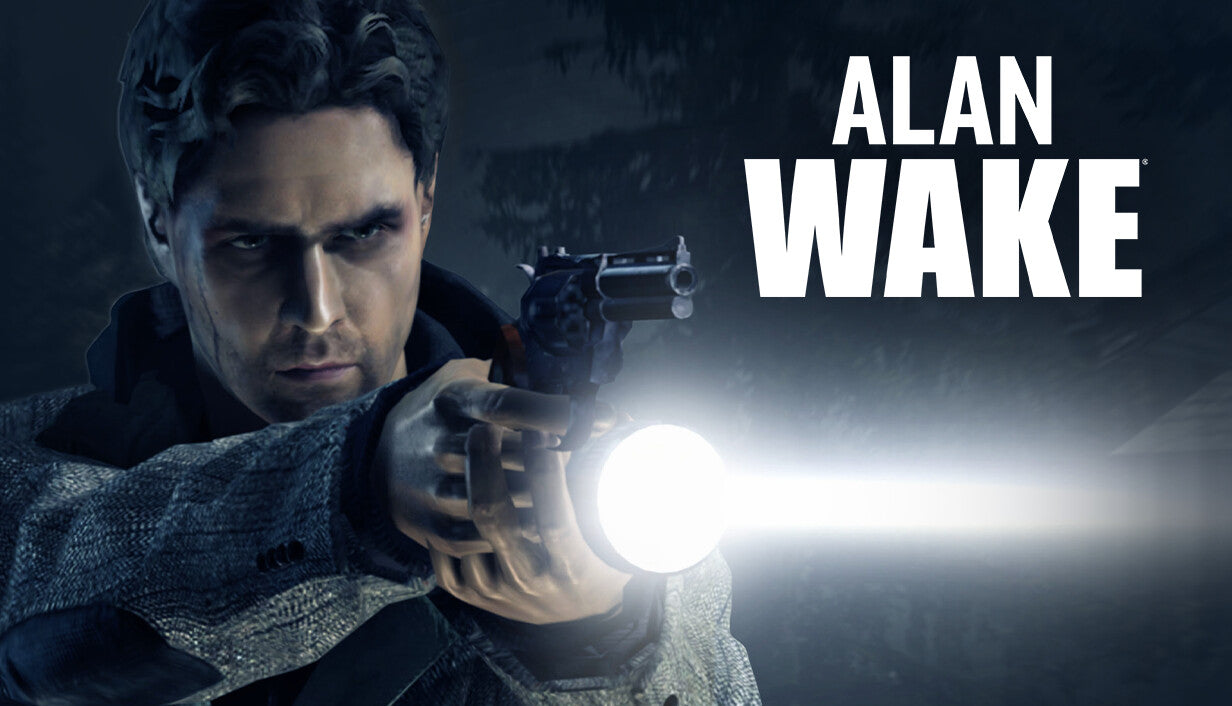 Cover art for the psychological horror game Alan Wake featuring the protagonist with a gun and flashlight in a dark forest.