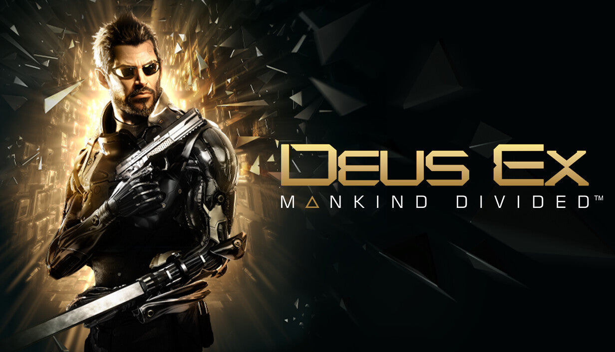 Deus Ex: Mankind Divided official video game cover art featuring protagonist Adam Jensen with mechanical augmentations.