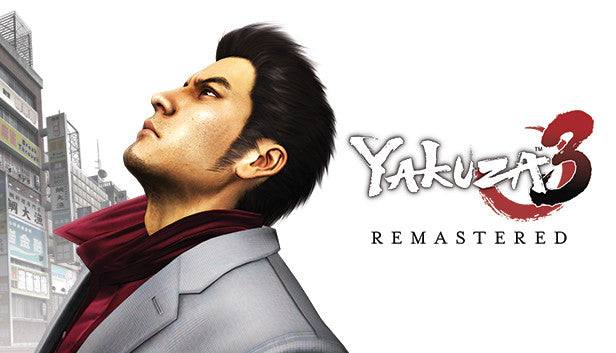 Official cover art for Yakuza 3 Remastered featuring Kazuma Kiryu against a white and red background.
