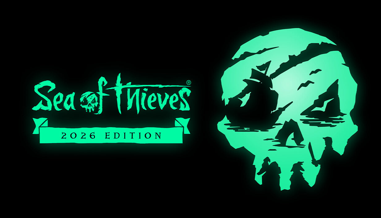 Official cover art for Sea of Thieves: 2026 Edition featuring the logo next to a glowing green skull containing a ship, rocks, and pirate figures.