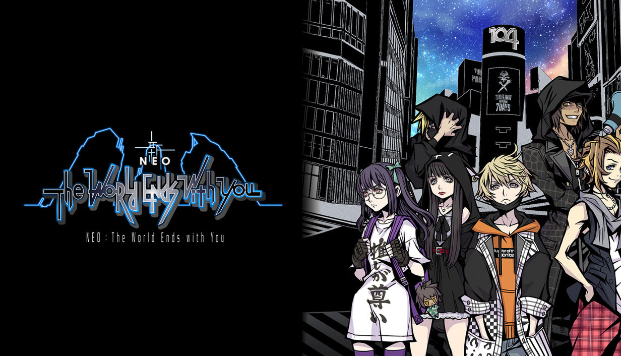 Cover art for NEO: The World Ends with You, showcasing a stylish group of anime characters standing in the neon-lit streets of Shibuya at night.