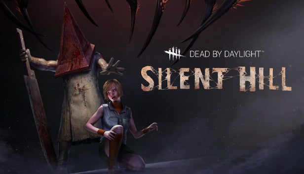 Cover art for Dead By Daylight - Silent Hill Chapter, featuring the massive killer Pyramid Head wielding his Great Knife behind the kneeling survivor Cheryl Mason.
