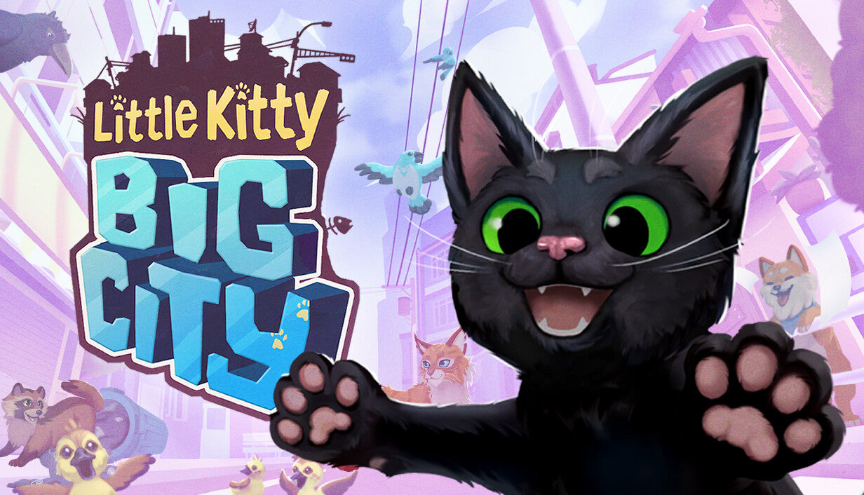 Official cover art for the indie game Little Kitty, Big City featuring a black cat sitting on a blue background.
