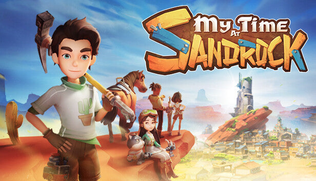 Official cover art for My Time at Sandrock featuring a character in a desert setting with industrial structures.