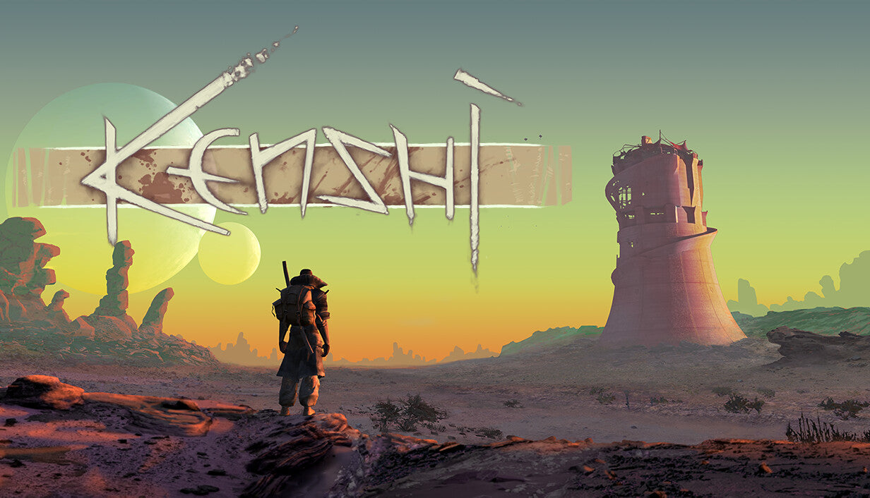 Official cover art for the sandbox RPG Kenshi featuring a solitary figure in a vast, desolate wasteland.