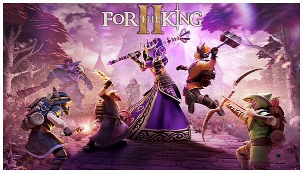 Official cover art for the tabletop-inspired RPG For The King II featuring stylized adventurers in a hex-grid world.