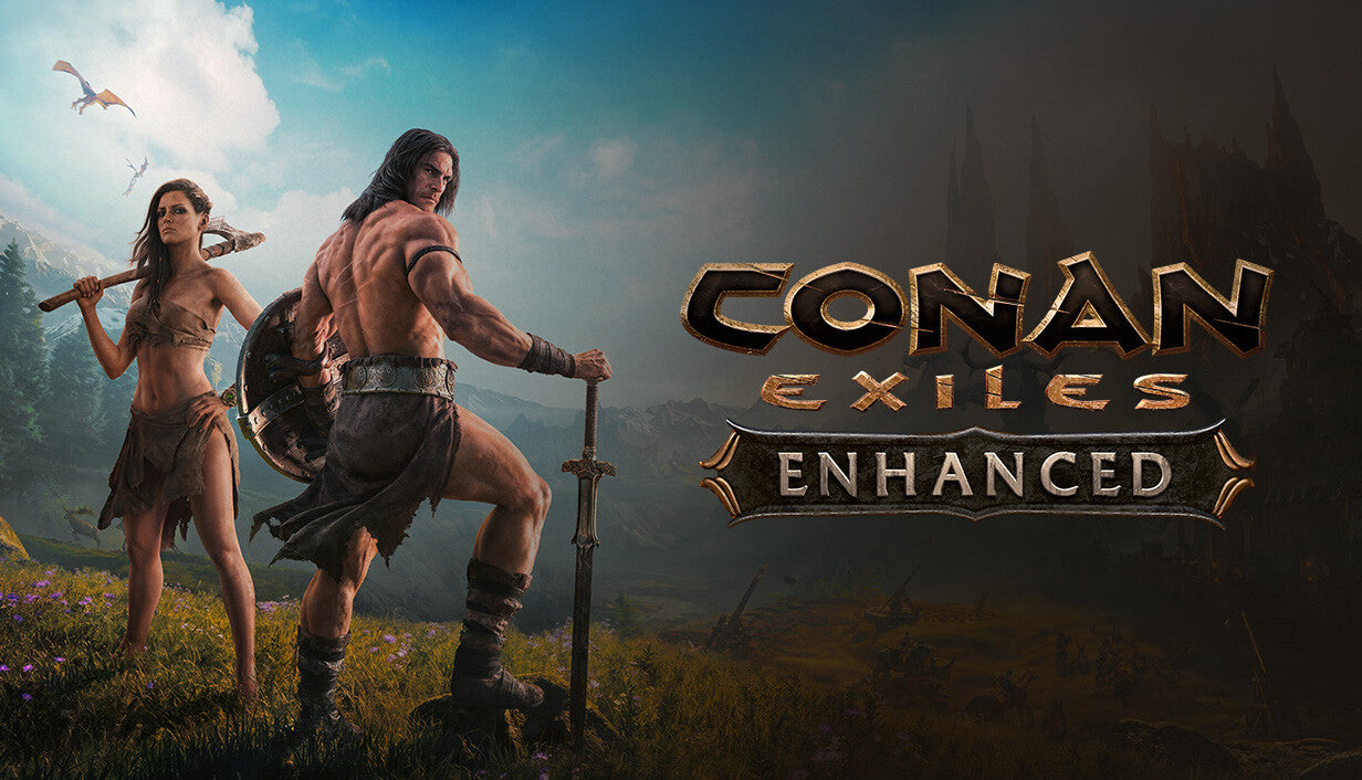 Cover art for Conan Exiles Enhanced, featuring a muscular male warrior with a sword and shield standing beside a female warrior holding a battleaxe. The background transitions from a vibrant, sunny mountain landscape with flying creatures on the left to a dark, fiery, war-torn fortress on the right behind the game's logo.