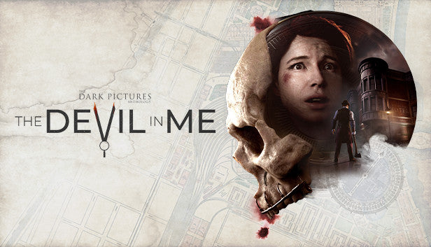 Official cover art for The Dark Pictures Anthology: The Devil in Me featuring a character's face inside a glass case.