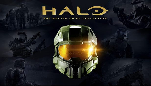 Official cover art for Halo: The Master Chief Collection featuring Master Chief's helmet with a reflection of a battle scene.