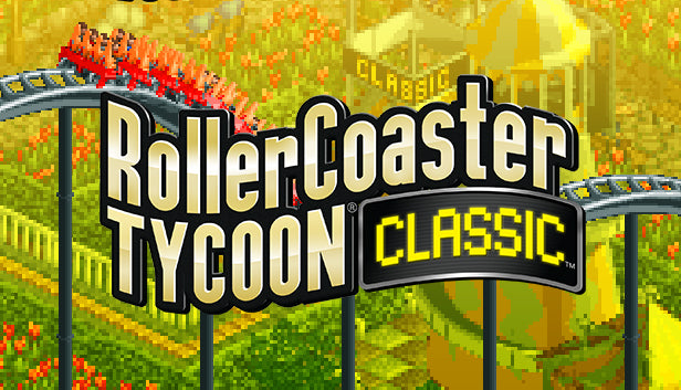 Official cover art for the simulation game RollerCoaster Tycoon Classic featuring a colorful amusement park landscape.