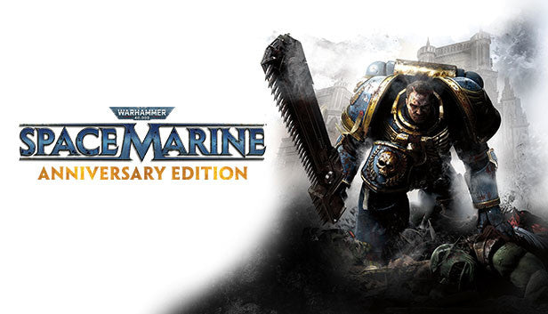 Official cover art for Warhammer 40,000: Space Marine - Anniversary Edition featuring a space marine in blue armor.