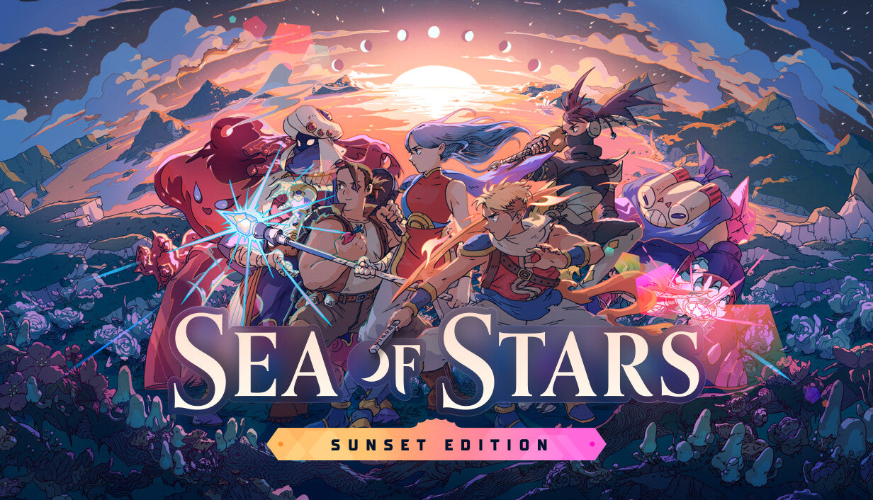Cover art for Sea of Stars: Sunset Edition featuring a vibrant, colorful group portrait of the main characters—including Valere, Zale, and Garl—standing together in fighting stances against a dramatic sunset background with an eclipse.