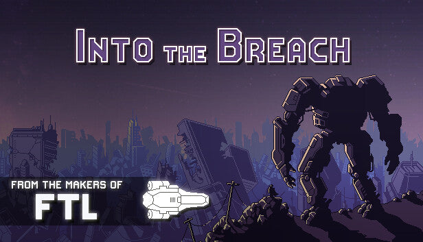 Official cover art for the strategy game Into the Breach featuring a giant mech standing in a flooded city environment.