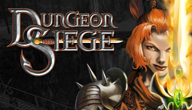 Cover art for Dungeon Siege, featuring a close-up portrait of a fierce red-haired female warrior holding a glowing, magical sword in the dark.