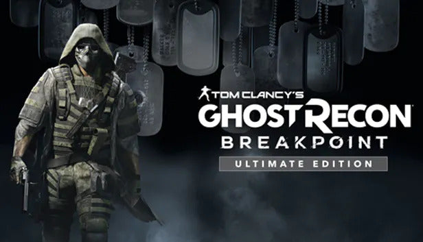 Official cover art for Ghost Recon Breakpoint Ultimate Edition showing a hooded, masked soldier standing below hanging dog tags.